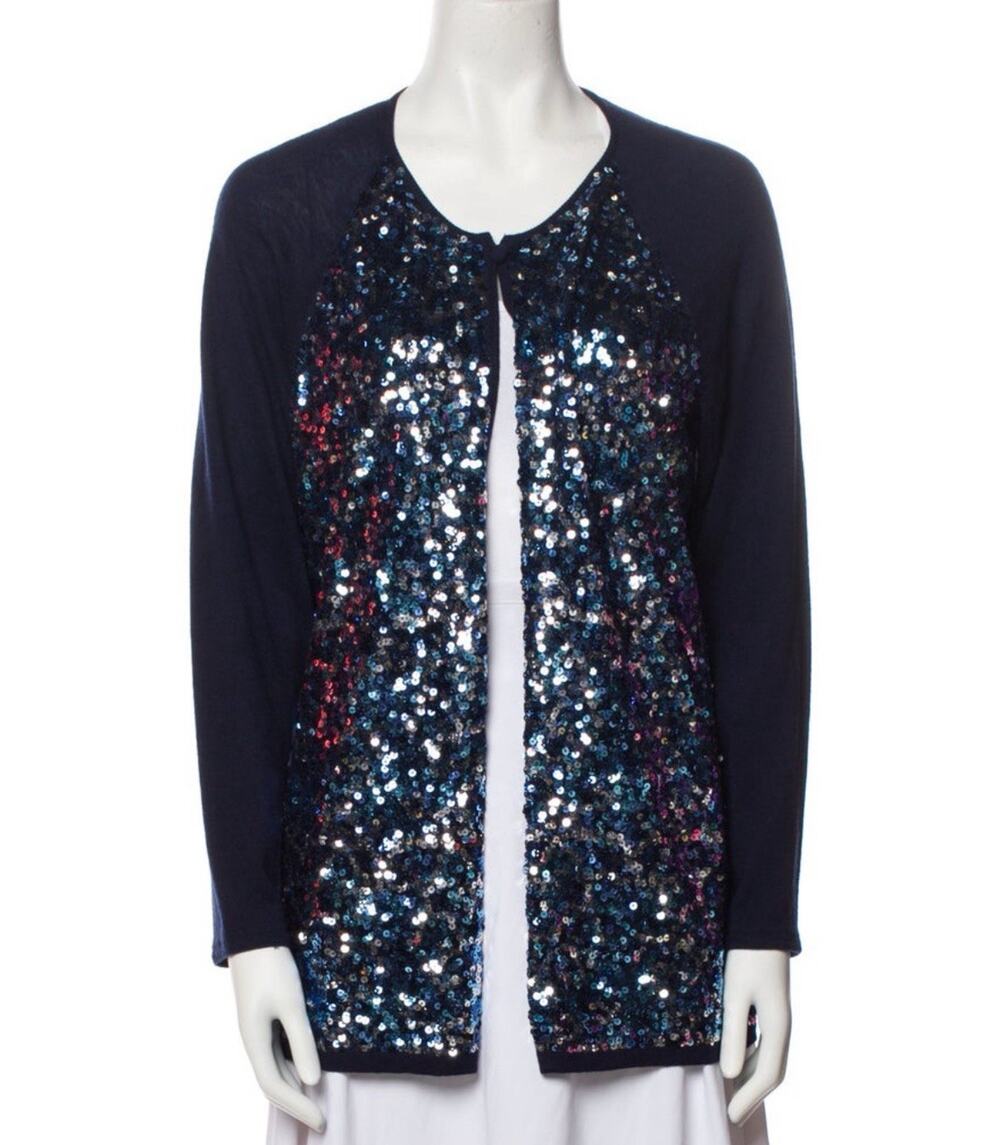 St. John Blue Sequin Sparkle Silk Cashmere Blend Knit Cardigan Size Large EUC